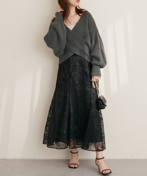 natural couture(ナチュラルクチュール)の「osono長さ変えれるチュール刺繍レーススカート(スカート・レディース・サックスブルー/ブラック/グレイッシュベージュ・FREE)」の5枚目の写真