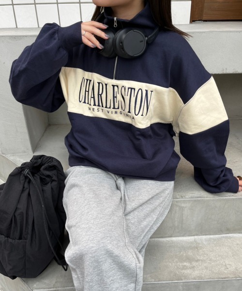 nemne store（ネンネストア）の「【低身長サイズあり】アソート柄裏起毛ハーフジップスウェット（スウェット・レディース・オートミール/グレー/ブルー/ピンク/スミクロ/クリーム/グリーン/ネイビー・SMALL/MEDIUM）」の6枚目の写真