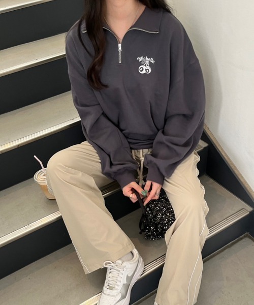 nemne store（ネンネストア）の「【低身長サイズあり】アソート柄裏起毛ハーフジップスウェット（スウェット・レディース・オートミール/グレー/ブルー/ピンク/スミクロ/クリーム/グリーン/ネイビー・SMALL/MEDIUM）」の15枚目の写真