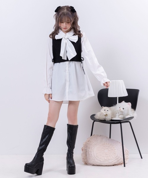 DearMyLoveRose(ディアマイラブローズ)の「ボウタイチュニックシャツワンピース #シワになりにくい(ワンピース・レディース・チャコール/チェック/ホワイト・LARGE/XX-LARGE/X-LARGE/MEDIUM)」の5枚目の写真