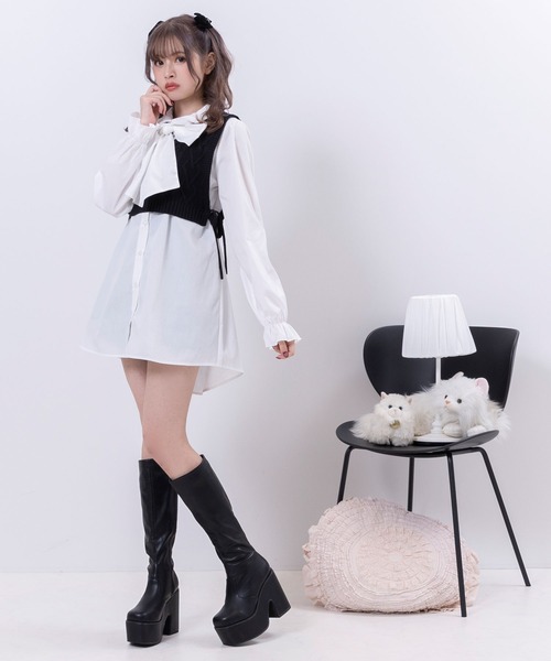 DearMyLoveRose(ディアマイラブローズ)の「ボウタイチュニックシャツワンピース #シワになりにくい(ワンピース・レディース・チャコール/チェック/ホワイト・LARGE/XX-LARGE/X-LARGE/MEDIUM)」の6枚目の写真
