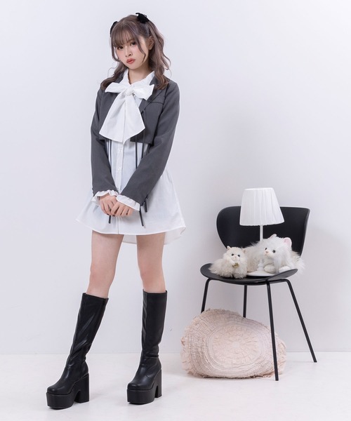 DearMyLoveRose(ディアマイラブローズ)の「ボウタイチュニックシャツワンピース #シワになりにくい(ワンピース・レディース・チャコール/チェック/ホワイト・LARGE/XX-LARGE/X-LARGE/MEDIUM)」の8枚目の写真