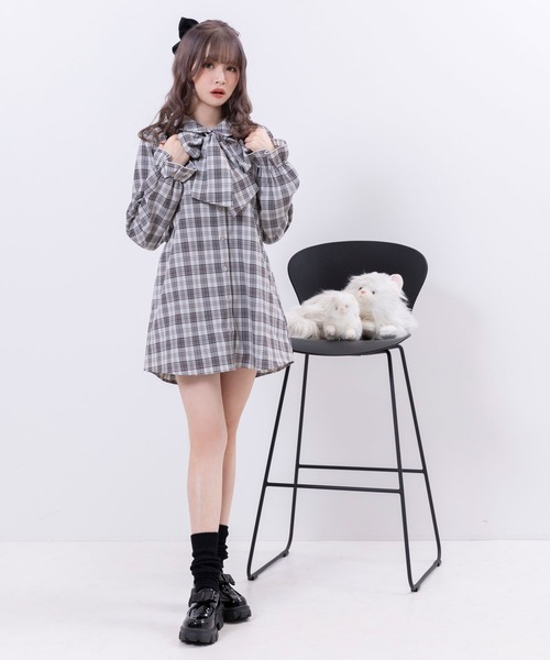 DearMyLoveRose(ディアマイラブローズ)の「ボウタイチュニックシャツワンピース #シワになりにくい(ワンピース・レディース・チャコール/チェック/ホワイト・LARGE/XX-LARGE/X-LARGE/MEDIUM)」の10枚目の写真