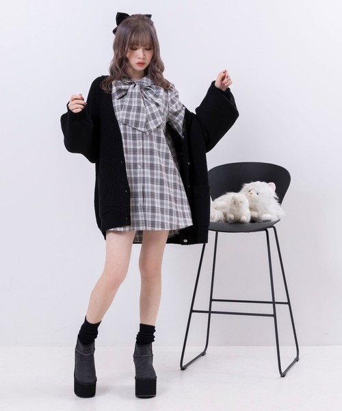 DearMyLoveRose(ディアマイラブローズ)の「ボウタイチュニックシャツワンピース #シワになりにくい(ワンピース・レディース・チャコール/チェック/ホワイト・LARGE/XX-LARGE/X-LARGE/MEDIUM)」の12枚目の写真