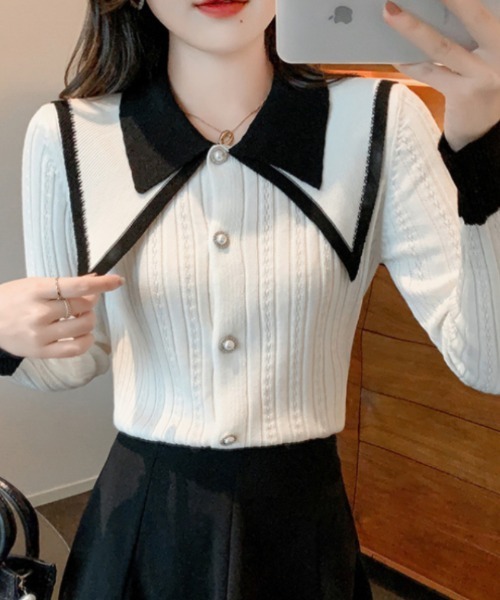 おしゃれスタ(オシャレスタ)の「上品フレンチスタイルカーディガン(カーディガン/ボレロ・レディース・ホワイト/ブラック・FREE)」の1枚目の写真