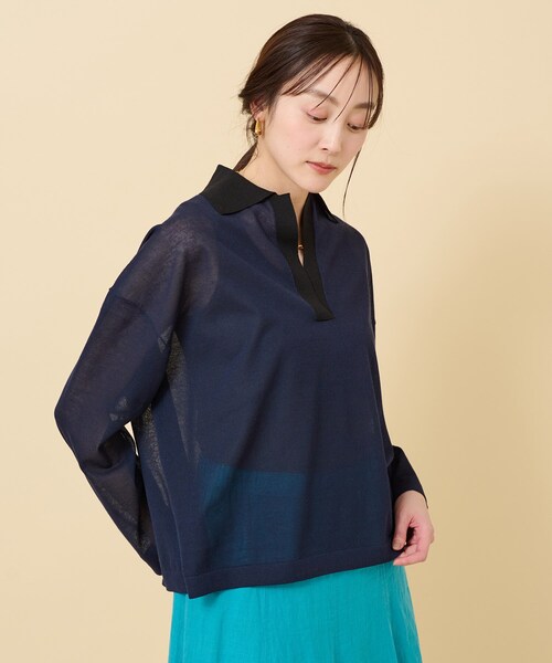 【アンタイトル】洗える 大きいサイズ 48 リネン スキッパー ニット ネイビー セール】 【洗える/抗菌防臭】マイビューティ スキッパーニット