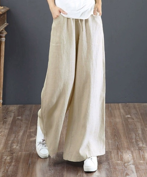 Miniministore（ミニミニストア）の「綿麻ワイドパンツ ロングパンツ春秋（スラックス・レディース・ブラック/ホワイト/ベージュ/ネイビー/カーキ/ダークグレー・FREE）」の5枚目の写真