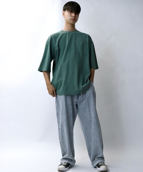 セール】ピグメント ハードウォッシュ ポケット付き クルーネック半袖  