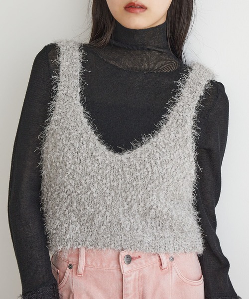 VIS(ビス)の「【前後2WAY】ポンポンシャギーニットビスチェ(キャミソール・レディース・キナリ/ブラック/グレー・FREE)」の3枚目の写真