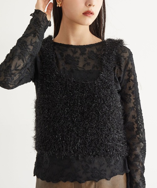 VIS(ビス)の「【前後2WAY】ポンポンシャギーニットビスチェ(キャミソール・レディース・キナリ/ブラック/グレー・FREE)」の2枚目の写真