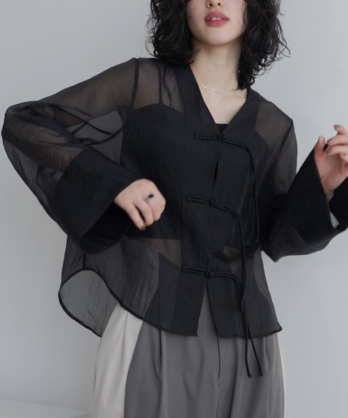 VACANCY（ヴァカンシー）の「チャイナシアーシャツジャケット（その他アウター・レディース・ブラック/ホワイト・FREE）」の4枚目の写真