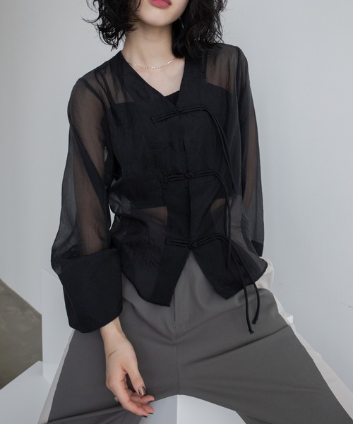 VACANCY（ヴァカンシー）の「チャイナシアーシャツジャケット（その他アウター・レディース・ブラック/ホワイト・FREE）」の6枚目の写真