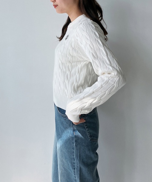 AS KNOW AS plus（アズノゥアズプラス）の「◇ワンポイントロゴ刺繍 ケーブルもちもちニットプルオーバー（ニット/セーター・レディース・ブラック/サックスブルー/オフホワイト/杢グレー・FREE）」の7枚目の写真