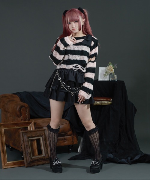 Pal elfy（パルエルフィー）の「リボンボーダーダメージ透かしニット（ニット/セーター・レディース・ピンク/レッド/オフホワイト・フリー）」の9枚目の写真