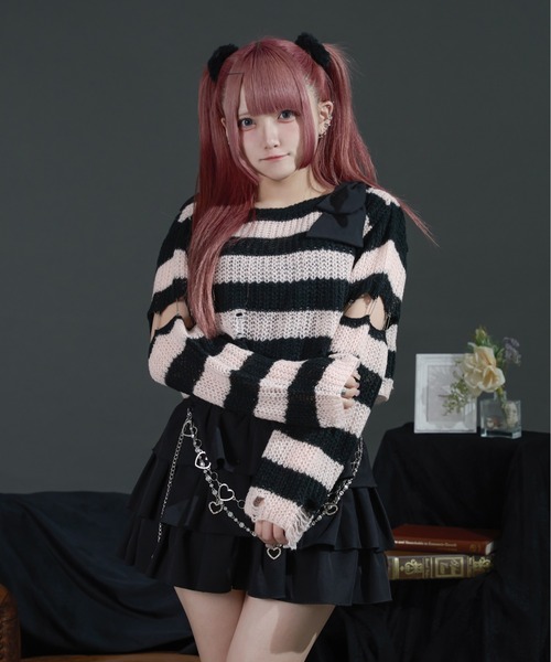 Pal elfy（パルエルフィー）の「リボンボーダーダメージ透かしニット（ニット/セーター・レディース・ピンク/レッド/オフホワイト・フリー）」の7枚目の写真