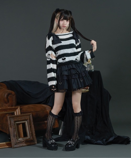 Pal elfy（パルエルフィー）の「リボンボーダーダメージ透かしニット（ニット/セーター・レディース・ピンク/レッド/オフホワイト・フリー）」の5枚目の写真