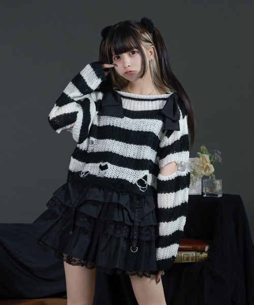 Pal elfy（パルエルフィー）の「リボンボーダーダメージ透かしニット（ニット/セーター・レディース・ピンク/レッド/オフホワイト・フリー）」の4枚目の写真