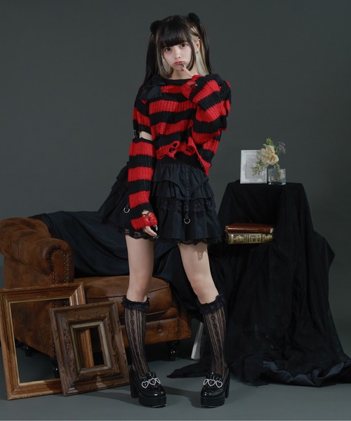 Pal elfy（パルエルフィー）の「リボンボーダーダメージ透かしニット（ニット/セーター・レディース・ピンク/レッド/オフホワイト・フリー）」の11枚目の写真