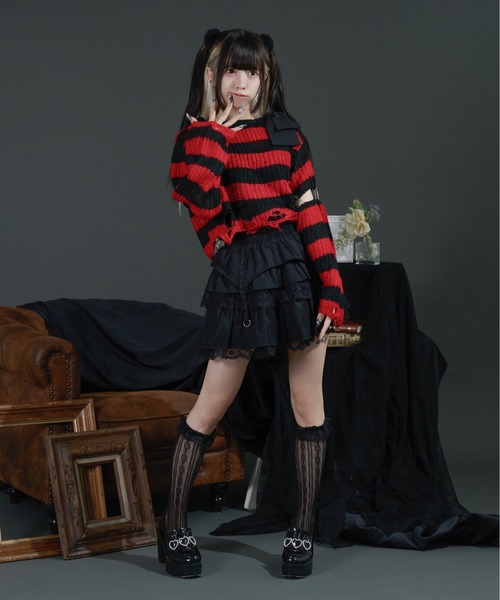 Pal elfy（パルエルフィー）の「リボンボーダーダメージ透かしニット（ニット/セーター・レディース・ピンク/レッド/オフホワイト・フリー）」の12枚目の写真