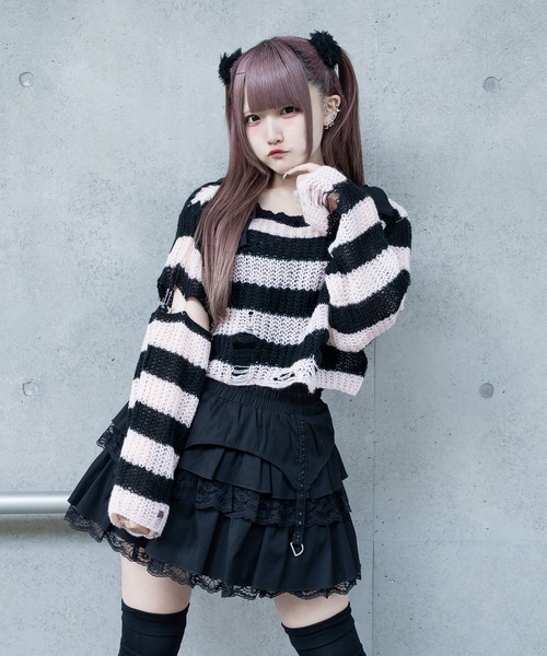 Pal elfy（パルエルフィー）の「リボンボーダーダメージ透かしニット（ニット/セーター・レディース・ピンク/レッド/オフホワイト・フリー）」の21枚目の写真