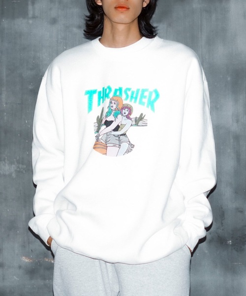 【セール】BABES CREW SWEAT/スラッシャー裏起毛リラックスサイジングバイカーガールプリントクルーネックスウェットトレーナー（スウェット）｜THRASHER（スラッシャー）