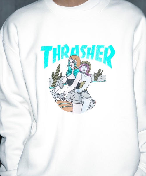 【セール】BABES CREW SWEAT/スラッシャー裏起毛リラックスサイジングバイカーガールプリントクルーネックスウェットトレーナー（スウェット）｜THRASHER（スラッシャー）
