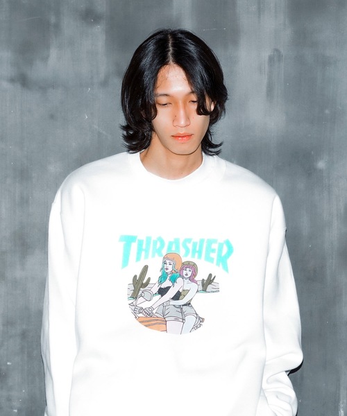 【セール】BABES CREW SWEAT/スラッシャー裏起毛リラックスサイジングバイカーガールプリントクルーネックスウェットトレーナー（スウェット）｜THRASHER（スラッシャー）