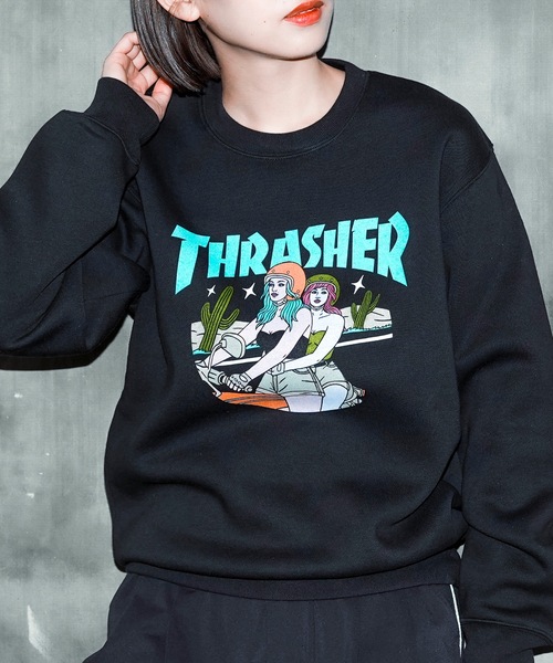 【セール】BABES CREW SWEAT/スラッシャー裏起毛リラックスサイジングバイカーガールプリントクルーネックスウェットトレーナー（スウェット）｜THRASHER（スラッシャー）