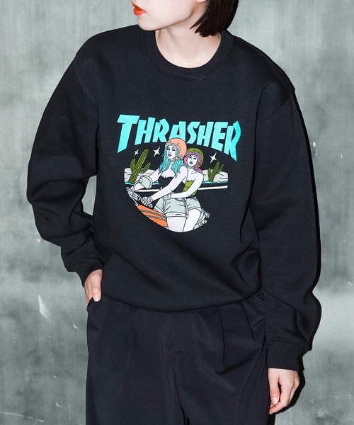 【セール】BABES CREW SWEAT/スラッシャー裏起毛リラックスサイジングバイカーガールプリントクルーネックスウェットトレーナー（スウェット）｜THRASHER（スラッシャー）