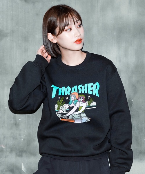 【セール】BABES CREW SWEAT/スラッシャー裏起毛リラックスサイジングバイカーガールプリントクルーネックスウェットトレーナー（スウェット）｜THRASHER（スラッシャー）