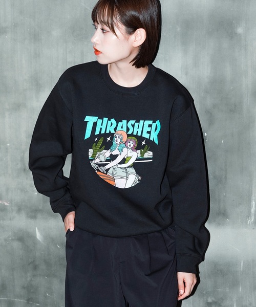 【セール】BABES CREW SWEAT/スラッシャー裏起毛リラックスサイジングバイカーガールプリントクルーネックスウェットトレーナー（スウェット）｜THRASHER（スラッシャー）