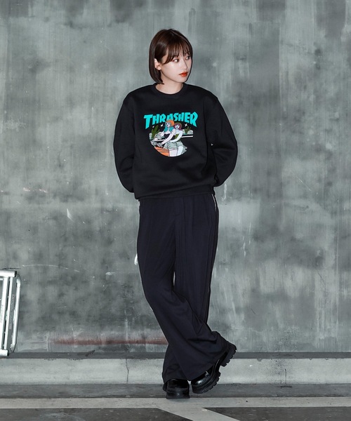 【セール】BABES CREW SWEAT/スラッシャー裏起毛リラックスサイジングバイカーガールプリントクルーネックスウェットトレーナー（スウェット）｜THRASHER（スラッシャー）