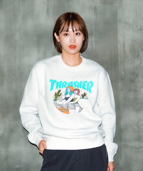 【セール】BABES CREW SWEAT/スラッシャー裏起毛リラックスサイジングバイカーガールプリントクルーネックスウェットトレーナー（スウェット）｜THRASHER（スラッシャー）