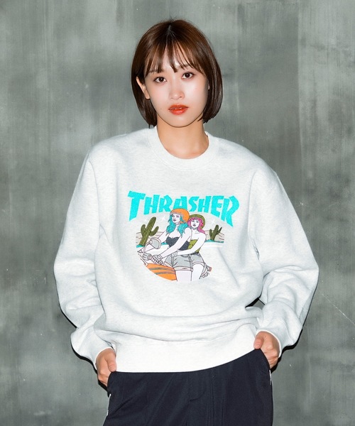 【セール】BABES CREW SWEAT/スラッシャー裏起毛リラックスサイジングバイカーガールプリントクルーネックスウェットトレーナー（スウェット）｜THRASHER（スラッシャー）