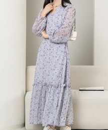 小花柄 Vネック シフォン ロング ワンピース