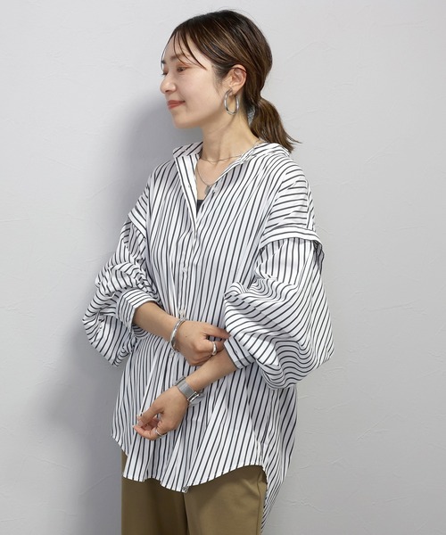 Aletta vita(アレッタビータ)の「バンドカラー2WAYスリーブストライプシャツ(シャツ/ブラウス・レディース・ブルー/オフホワイト/チャコール・FREE)」の22枚目の写真