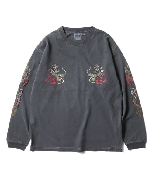 HOUSTON（ヒューストン）の「HOUSTON ピグメントロングTシャツ(DROGON)（Tシャツ/カットソー・メンズ・ネイビー/ナチュラル/マスタード/ブラック・MEDIUM/X-LARGE/LARGE/XX-LARGE）」の2枚目の写真