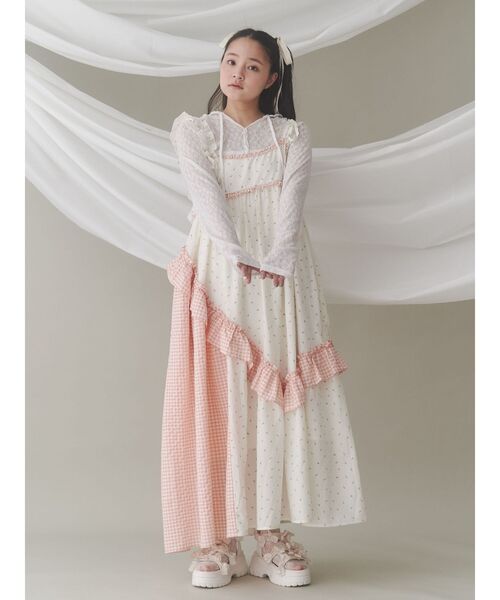 and marry フリルワンピース　アイボリー　Sサイズ セール】flower checkアシメワンピース（ワンピース）｜merry