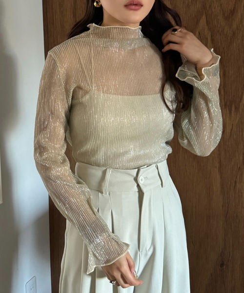 efill（エフィル）の「ハイネック シアー 光沢 インナー トップス（Tシャツ/カットソー・レディース・ベージュ/ブラック・FREE）」の2枚目の写真