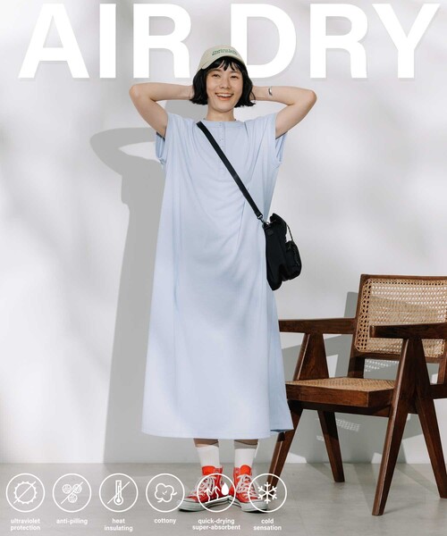FREAK'S STORE(フリークスストア)の「<接触冷感/UV> AIRDRY HIGHCOOL ヘンリーネックワンピース/エアドライ ハイクール ヘンリーネック Tシャツワンピース(ワンピース・レディース・ブラック/サックスブルー/ピンク/ベージュ・フリ-)」の1枚目の写真