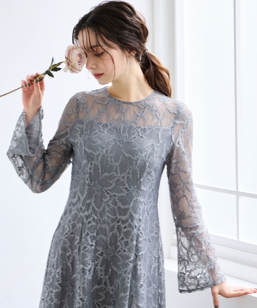 WEB限定】総レースロングスリーブフレアパーティードレス 結婚式