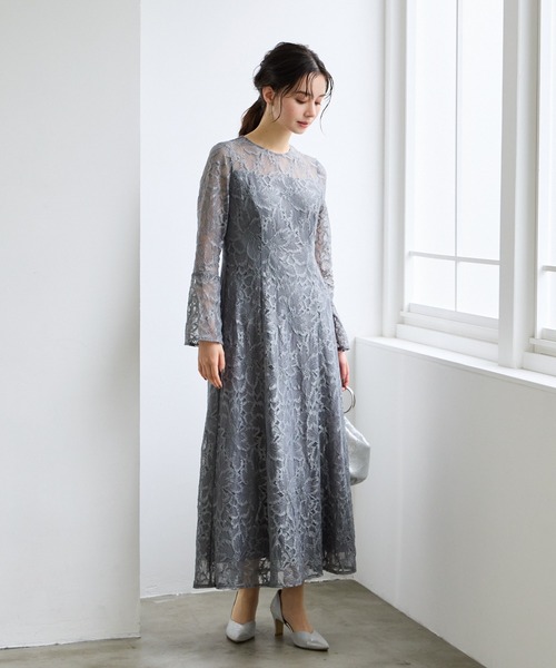 セール】【WEB限定】総レースロングスリーブフレアパーティードレス