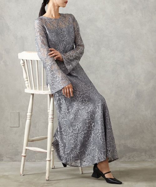 21120＊IRMA＊総レースロングスリーブドレスbkL M】総フラワーレースロングスリーブドレス（ブラック）DPSET0722