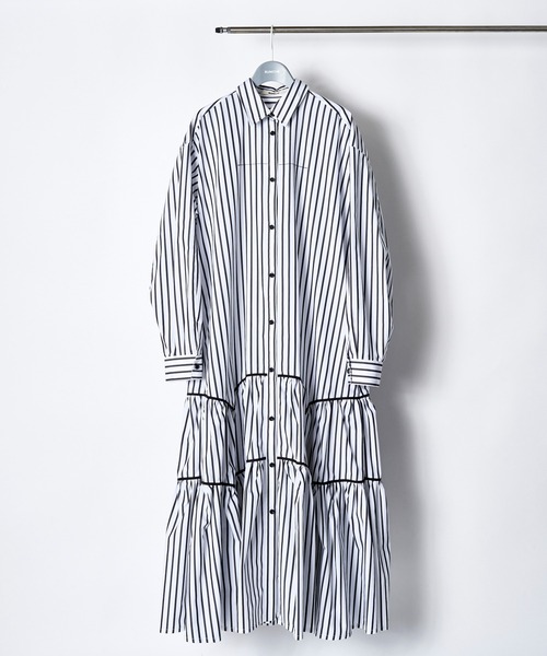 RUMCHE(ラムシェ)の「Stripe Piping Gathered Shirt Dress / ストライプパイピングギャザードレス(ワンピース・レディース・ホワイト系その他/ホワイト系その他2・FREE)」の1枚目の写真