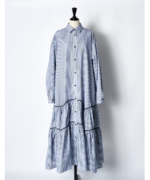RUMCHE(ラムシェ)の「Stripe Piping Gathered Shirt Dress / ストライプパイピングギャザードレス(ワンピース・レディース・ホワイト系その他/ホワイト系その他2・FREE)」の3枚目の写真
