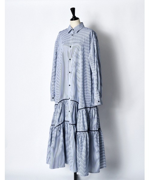 RUMCHE(ラムシェ)の「Stripe Piping Gathered Shirt Dress / ストライプパイピングギャザードレス(ワンピース・レディース・ホワイト系その他/ホワイト系その他2・FREE)」の4枚目の写真