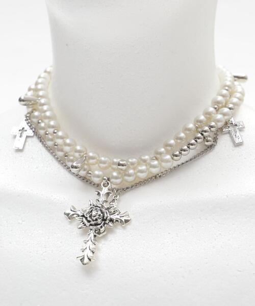 WEGO(ウィゴー)の「WEGO/レイヤーBIGクロスパールネックレス(ネックレス・レディース・シルバー・FREE)」の1枚目の写真