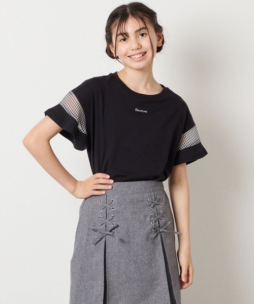 a.v.v（アーヴェヴェ）の「【累計1万枚販売/接触冷感/ジメジメ対策/毛玉になりにくい/安心の綿100％】[140-150]シアーギンガムキリカエスリーブＴシャツ（Tシャツ/カットソー・キッズ・ライトピンク/ブラック/ホワイト/ダークインディゴブルー・140/150）」の3枚目の写真