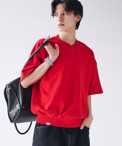 Adoon plain(アドーンプレーン)の「Shallow V-neck Short Sleeve Sweat / 浅Vネック裏毛半袖スウェットTシャツ(Tシャツ/カットソー・メンズ・ブラック/レッド/ネイビー・MEDIUM/LARGE)」の1枚目の写真