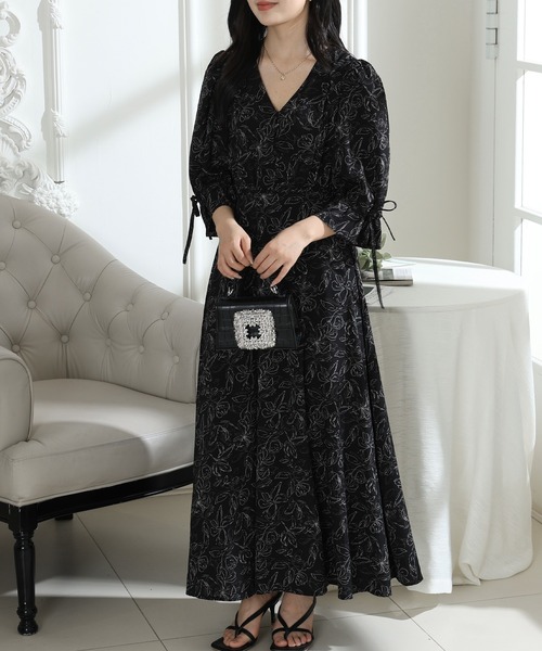 Lace Ladies(レースレディース)の「ボタニカル柄 Vネック キャンディスリーブ 6分袖 ワンピース(ワンピース・レディース・アイボリー/ブラック/ベージュ・FREE/S)」の11枚目の写真